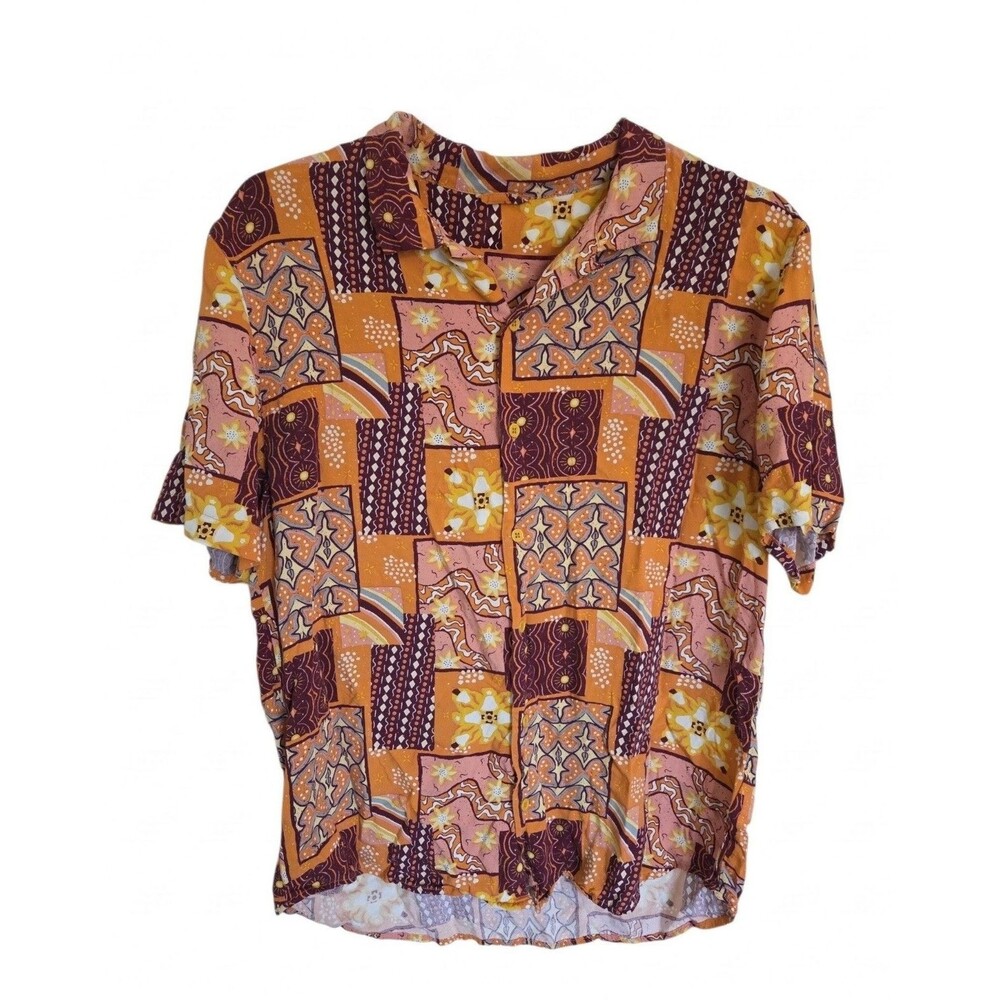 Earthbound Trading Co. Unisex Patchwork Camp Shirt Size Medium NWOT Boho Retro